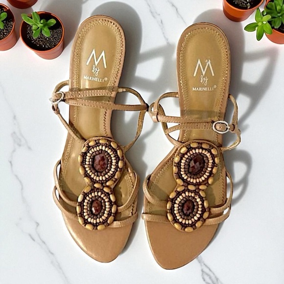 Marinelli “Riona” Beaded Wooden Bezel Stone T-Strap Heels Sandals - Picture 12 of 16
